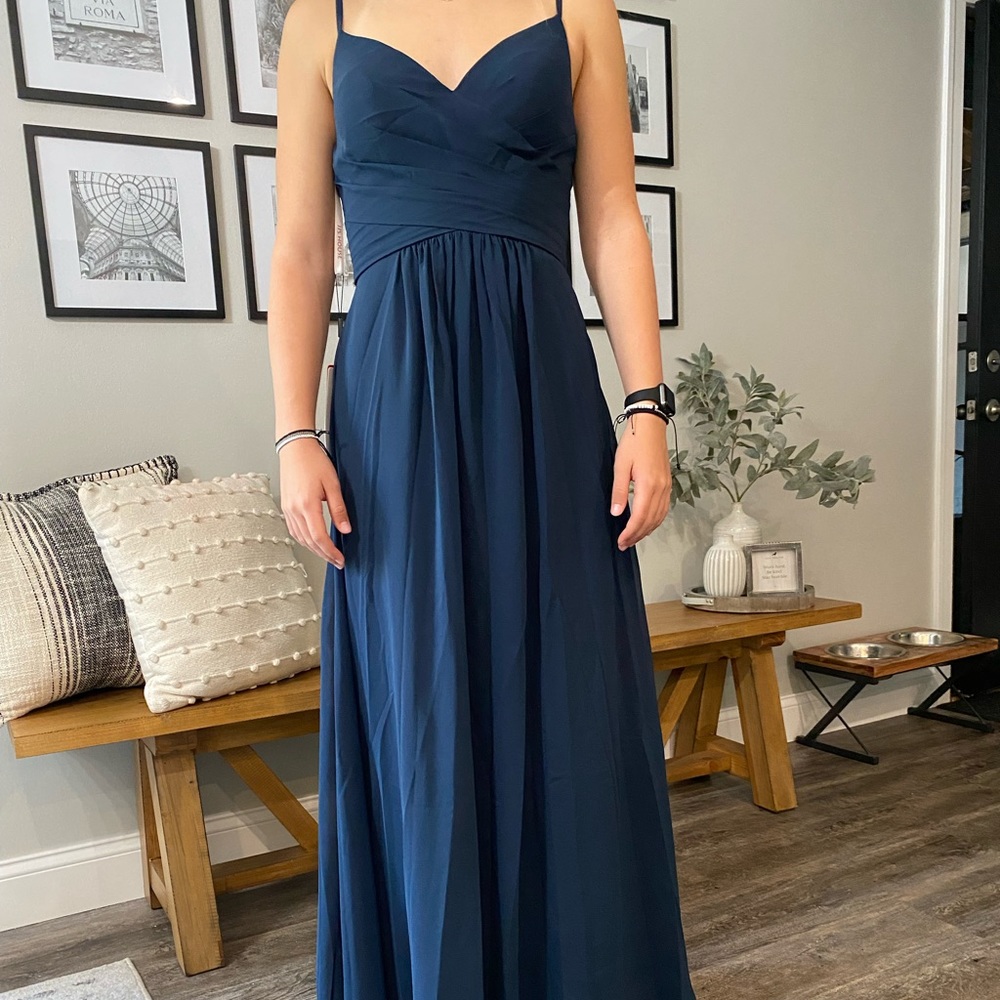 A-Line V-Neck Chiffon Dress in Navy. Size 2